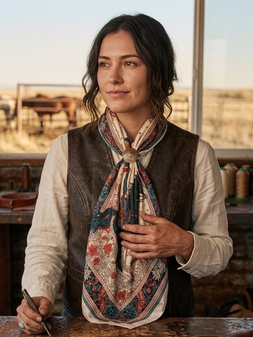 Desert Bloom Cowgirl NWT Silky Square Scarf • Western Celestial Wild Rag - Picture 5 of 6